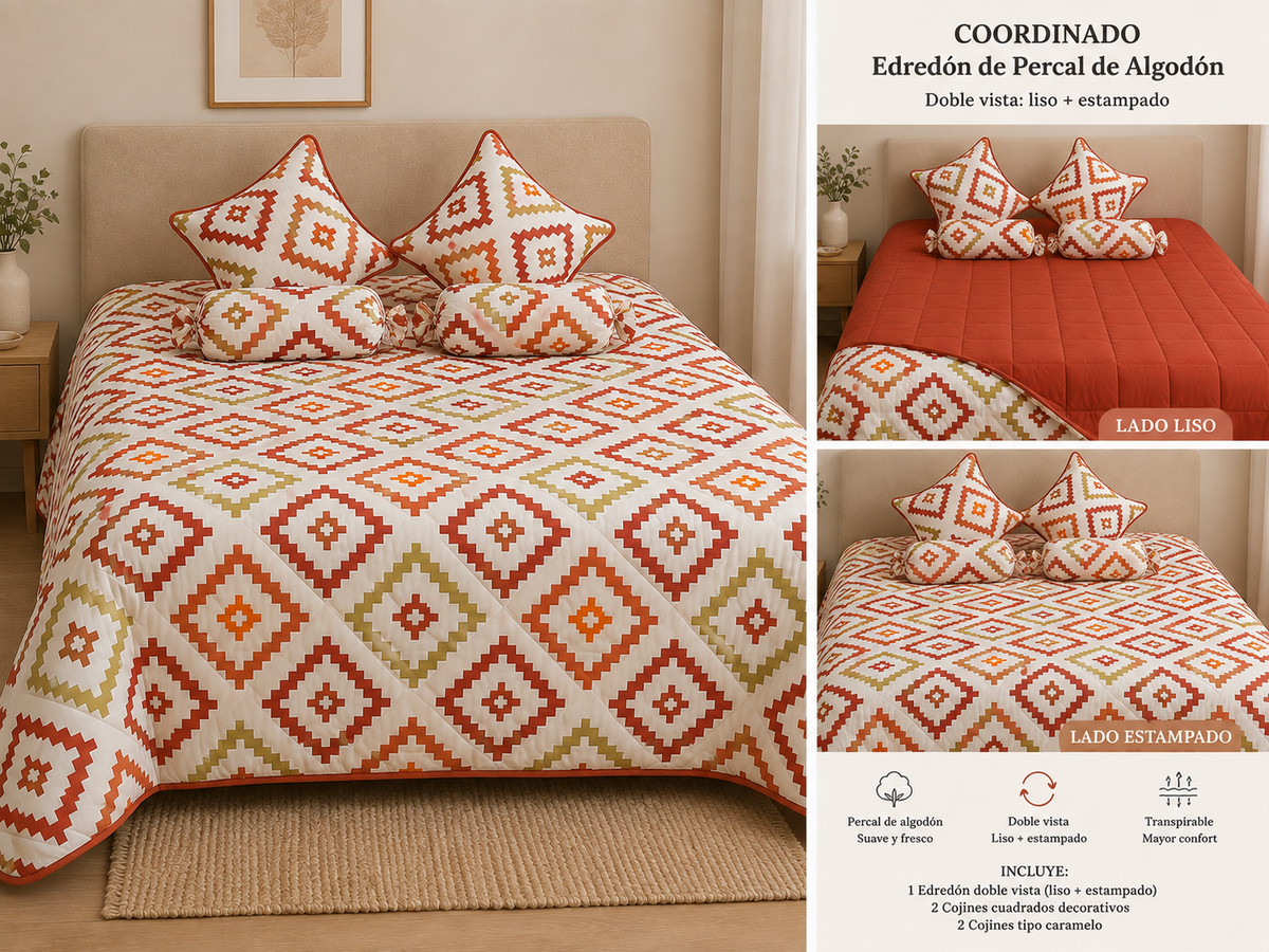 Coordinado: Edredón Doble Vista. Estampado & Liso. Percal de algodón